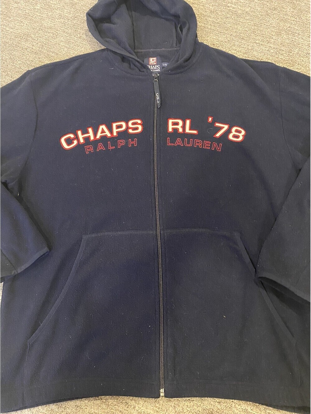 Vintage Chaps Ralph Lauren Spell Out Full Zip Blue Fleece Mens Size XL